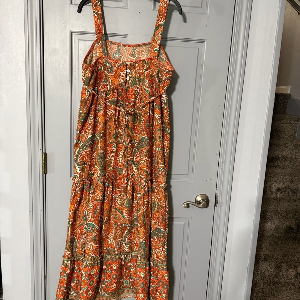 Boho Paisley Midi Dress Orange Green Square Neck Tiered Festival Sundress - Picture 5 of 8